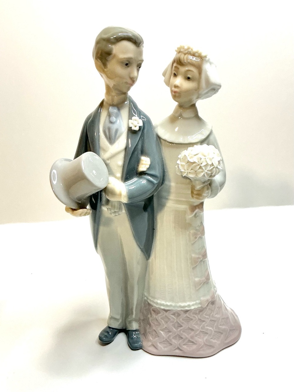 Porcelain Bride and Groom Figurine — Soft Gray, Cream & Pale Pink